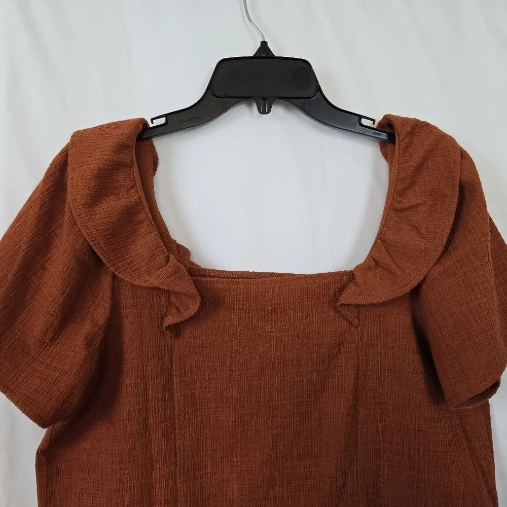 Madewell Women's Rust Orange Crosshatch Ruffled Short Sleeve Career Blouse Large
